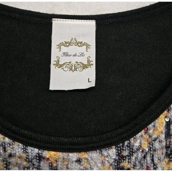 Flew De Lis Womens Large Black Knit  Forest Print Tunic Top Stretch Artsy Boho - Picture 6 of 8
